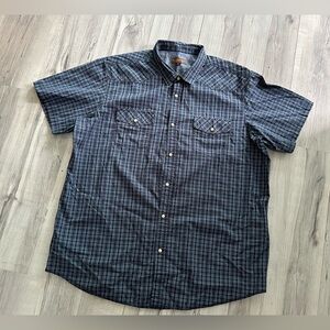 Western Plaid Shirt Size XXLT Mens Blue Short Sleeve Pearl Snap Button Cowboy